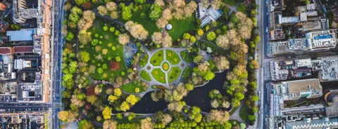 Aerial view of green park in dublin