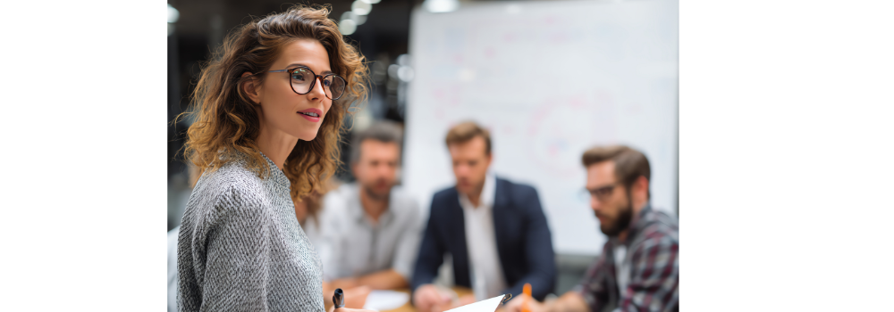 Kvinde i forgrunden, mens mænd sidder om et bord i baggrunden